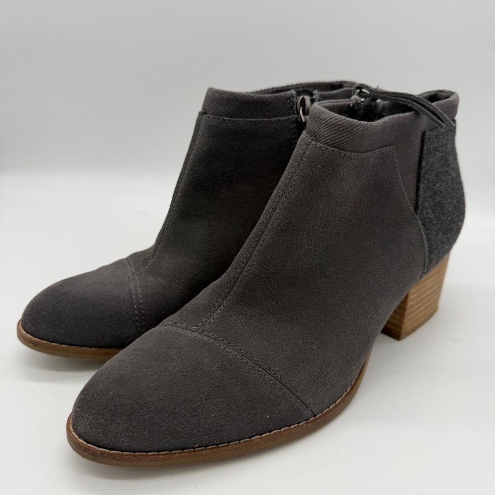 TOMS Deia Grey Suede Wool Ankle Booties Block Heel 8.5 Neutral